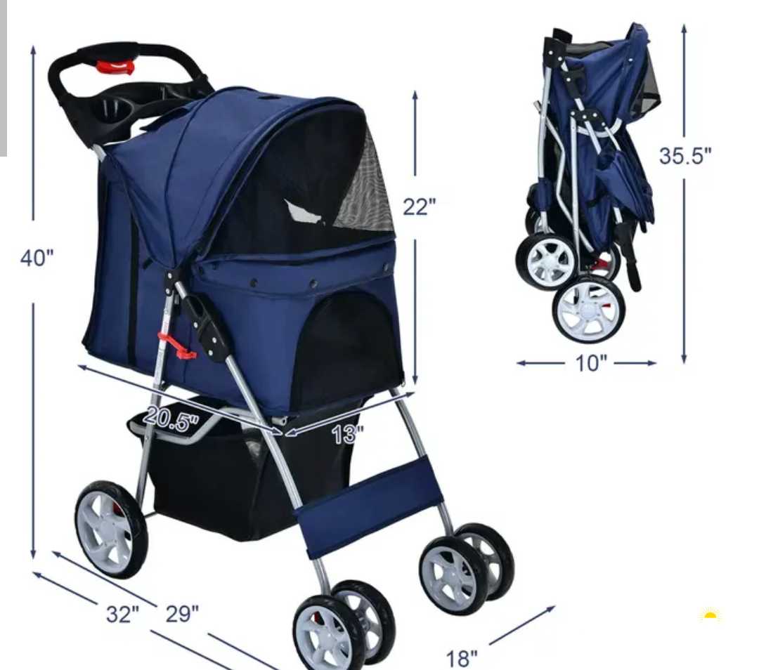 Folding Pet Stroller 4-Wheel Pet Travel Carrier w/Storage Basket Navy.. for sale