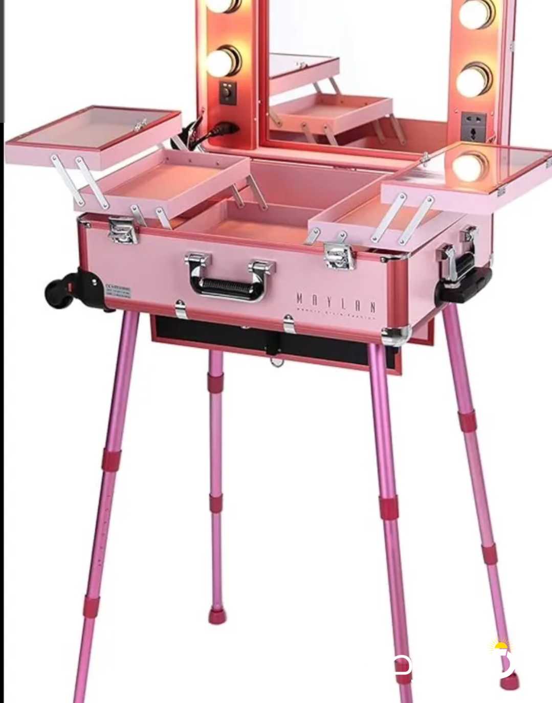 MAYLAN Makeup Train Stand Case With Pro Studio Artist Trolley And Lights, Pink