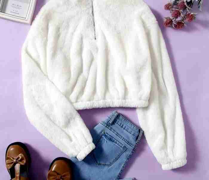 white fluffy sweatshirt zipper up