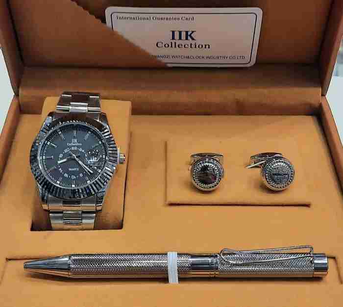 طقم ساعة كامل كبك و قلم مع العلبة Gents watch set with pen and cuffling with box